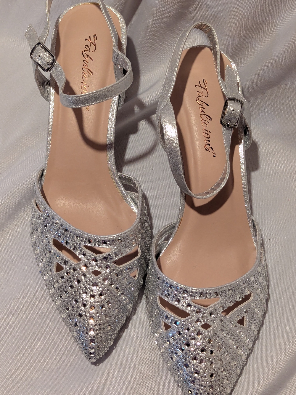 Fabulicious™ Silver Rhinestone Pointed-Toe Slingback Heels